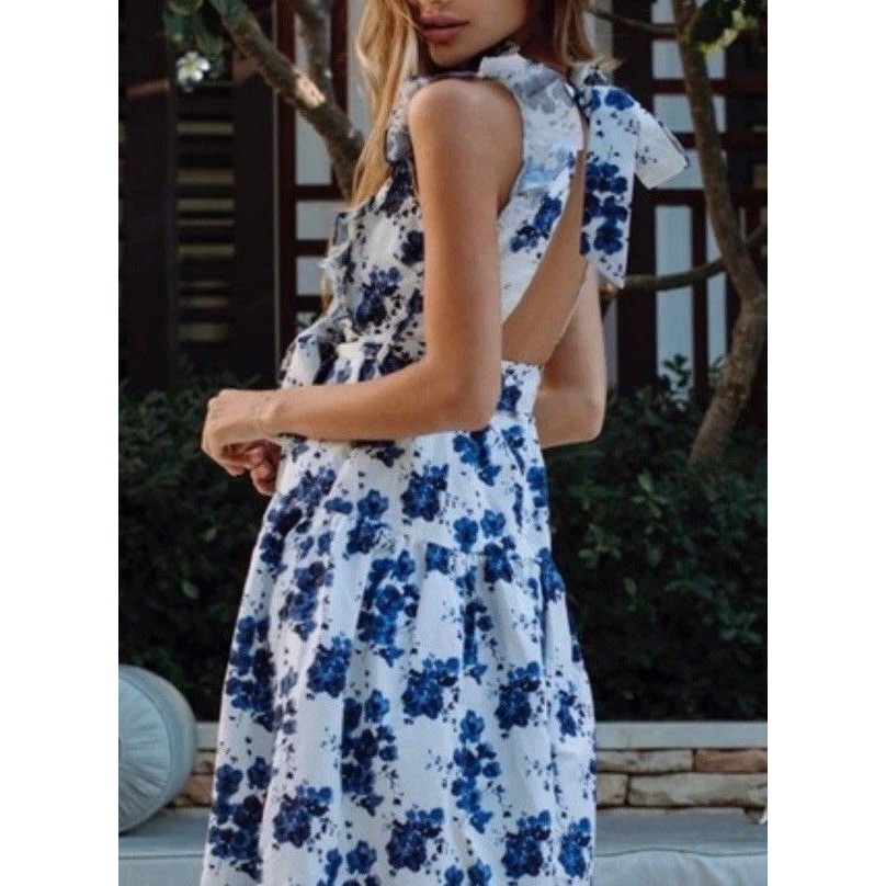 Anne Louise Boutique Women’s Size 6 Blue White Gardenia Floral Print Midi Dress — image 2 of 8